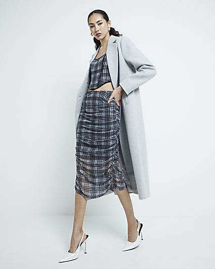 Grey Mesh Check Ruched Pencil Midi Skirt