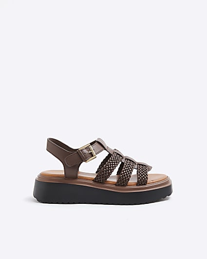 Brown Faux Leather Flatform Sandals