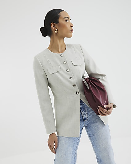 Grey Military Button Front Blazer