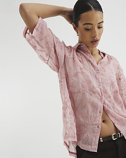 Pink Short Sleeve Floral Embroidered Shirt