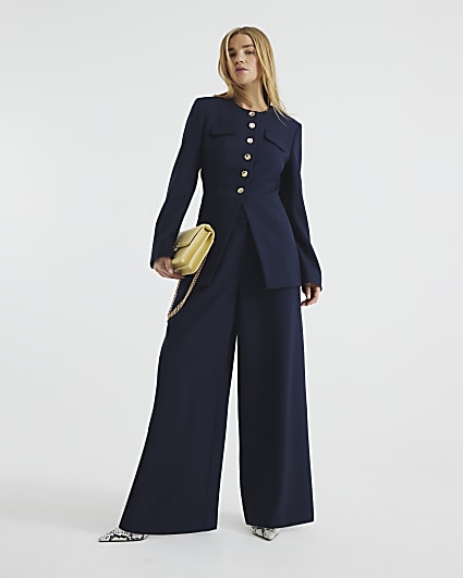 Navy High Waisted Wide Leg Trousers