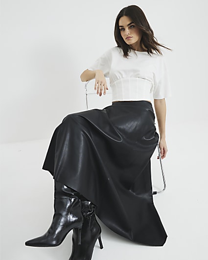 Black Faux Leather Asymmetric Hem Midi Skirt