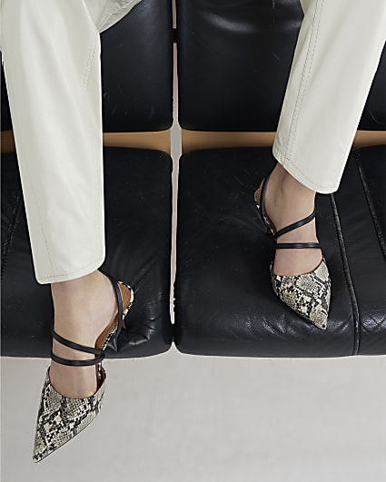 Grey Multi Strap Snake Print Court Heels