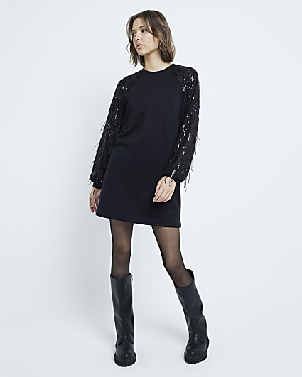 Black Sequin Sweatshirt Dress