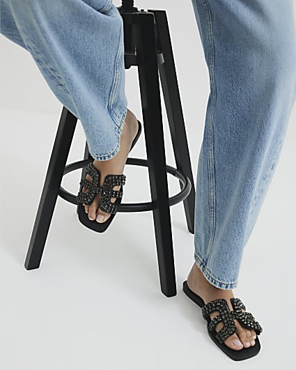 Black Diamante Cut Out Flat Sandals