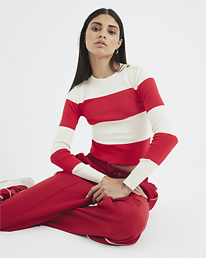 Red Long Sleeve Stripe Knit Top