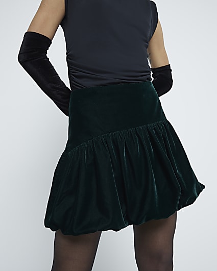 Green Velvet Bubble Hem Mini Skirt