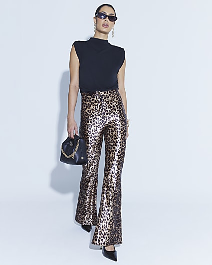 Beige Leopard Print Flared Trousers