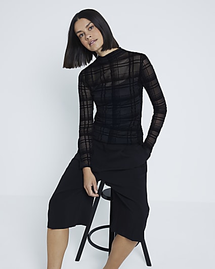 Black Check Mesh Long Sleeve Top