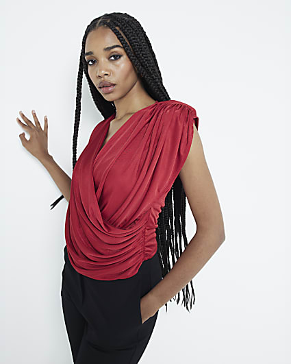 Red Short Sleeve Wrap Draped Top