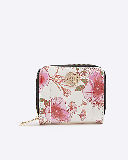 Cream Floral Patent Mini Zip Around Purse