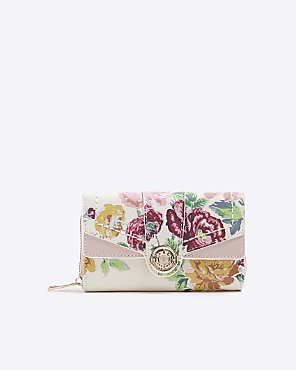 Cream Patent Floral Zip Around Purse