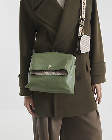 Khaki Faux Leather Flap Over Cross Body Bag