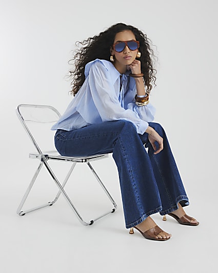 Blue High Rise Relaxed Flared Leg Jeans