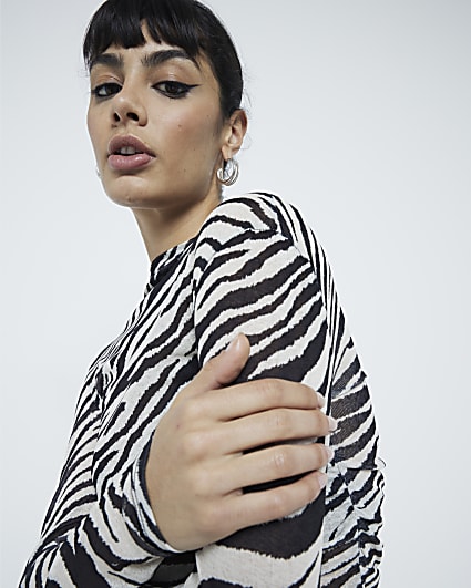 Black Long Sleeve Zebra Print Mesh Top