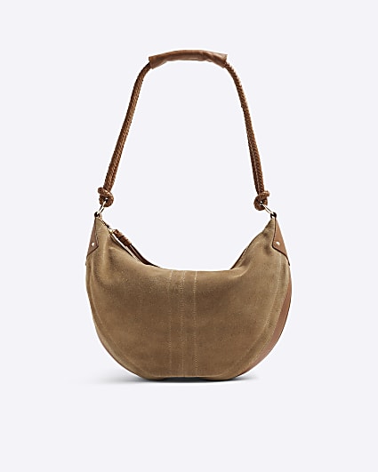 Brown Suede Knot Handle Slouchy Shoulder Bag