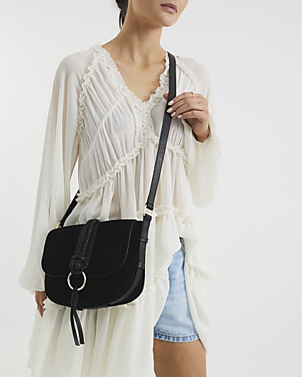 Black Suede Braided Cross Body Bag