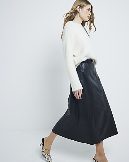 Premium Black Leather A Line Midi Skirt