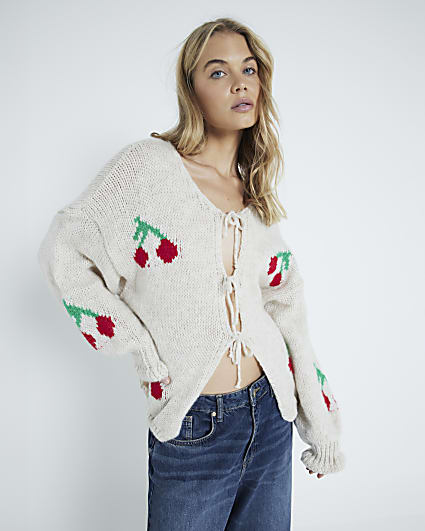 Cream Cherry Knit Cardigan