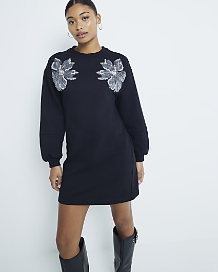 Black Sequin Flower Sweatshirt Dress