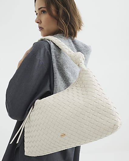 Cream Knot Handle Woven Shoulder Bag