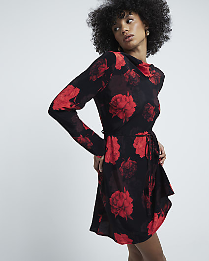 Black Long Sleeve Tie Waist Floral Mini Dress