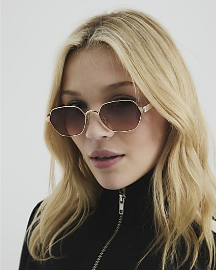 Gold Metal Retro Hexagon Sunglasses