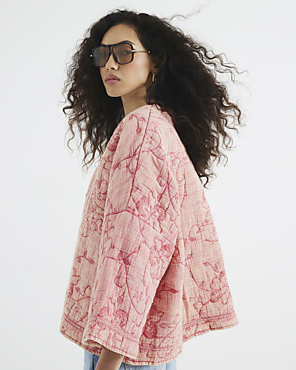 Coral Quilted Floral Oversized Jacket