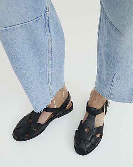 Black Wide Fit Faux Leather Fisherman Sandals