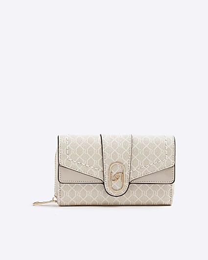 Beige RI Monogram Fold Over Zip Around Purse