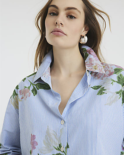 Blue Long Sleeve Floral Striped Shirt