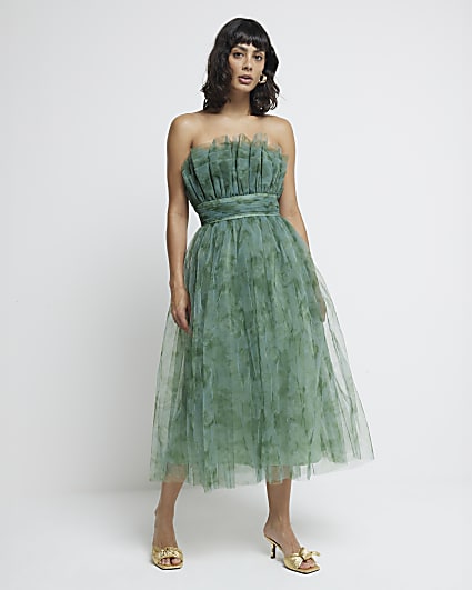 Green Tulle Floral Midi Dress