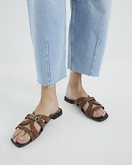 Brown Strappy Flat Mule Sandals