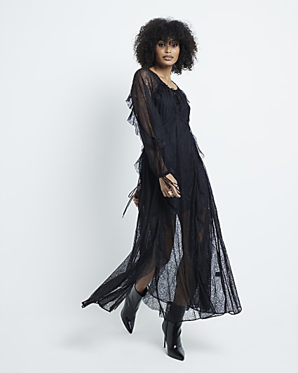 Black Lace Long Sleeve Frill Maxi Dress