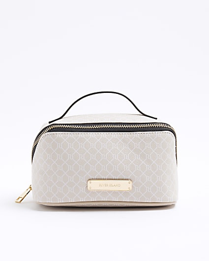 Beige Faux Leather Monogram Make Up Bag