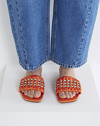 Orange Embellished Ruched Flat Sandals