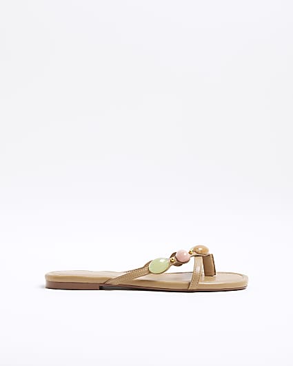 Beige Beaded Flip Flop Sandals