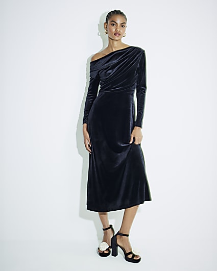 Black Velvet Drape Off Shoulder Column Dress