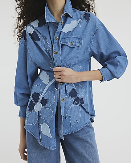 Blue Long Sleeve Floral Denim Shirt