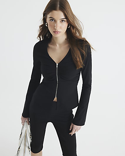 Black Zip Up V-Neck Ruched Blouse