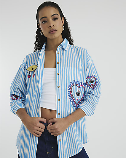 Blue Long Sleeve Embellished Stripe Shirt