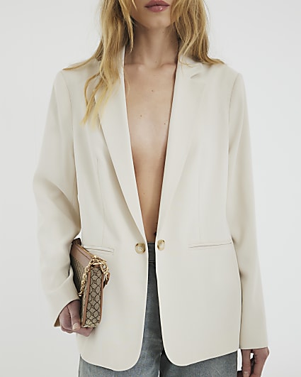 Cream Contrast Sleeve Blazer