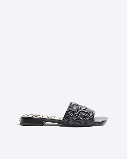 Black Wide Fit Textured Mule Sandals