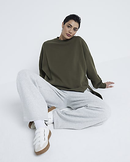 Khaki Long Sleeve Split Front Sweatshirt