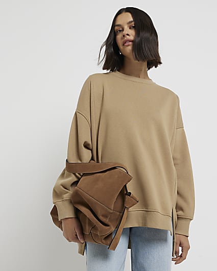 Beige Long Sleeved Split Front Sweater