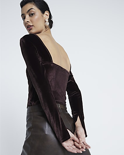 Brown Long Sleeved Velvet Scoop Back Top