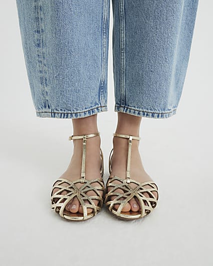 Gold Faux Leather Caged Sandals