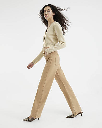 Beige Pocket Front Wide Leg Jeans