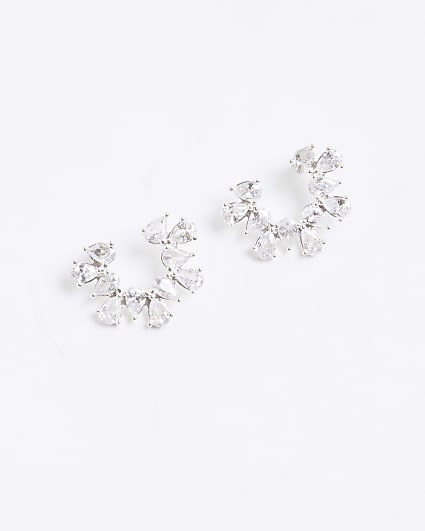 Silver Half Circle Multi Stone Stud Earrings