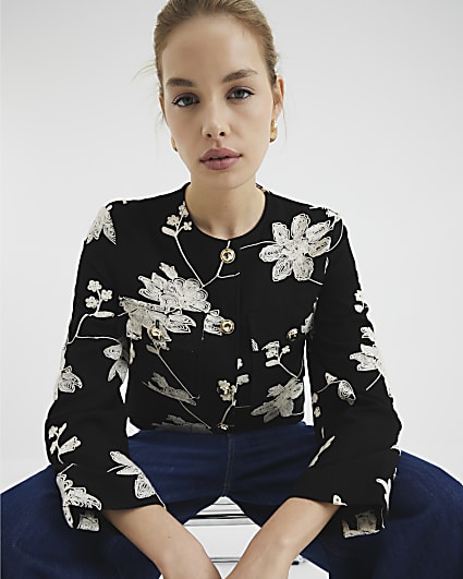 Black Floral Embroidered Collarless Jacket